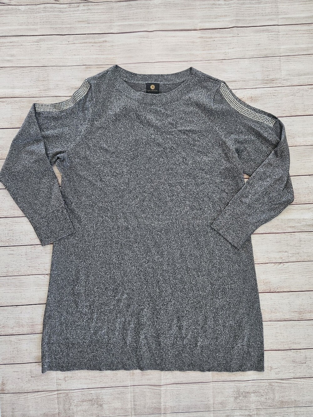 JM Collection Metallic Open Shoulder Knit Dress - Silver Gray